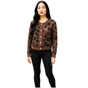 Threaded Leaf‎ Cardigan Womens Size M Brown Leopard Print Fuzzy Cozy Sweater New